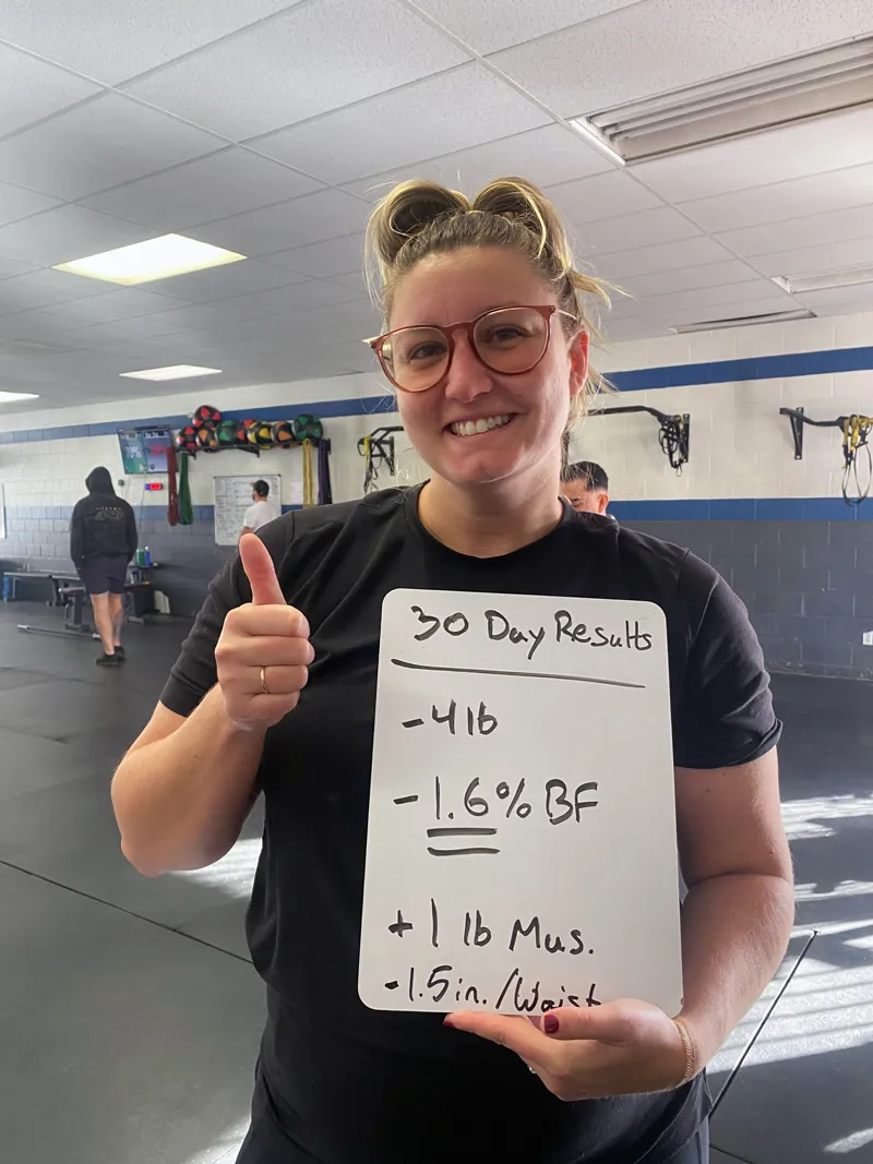 Member giving a thumbs up with a 30-day results board: minus 4 pounds, 1.6% body fat, plus 1 pound muscle, 1.5 inches off waist